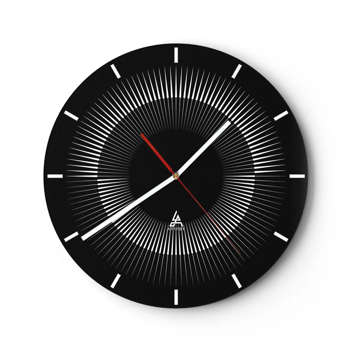 Wanduhr - Glasuhr - Schwarzer Hintergrund mit strahlendem Muster in Form einer Sonnenscheibe - 30x30cm - Schwarze Sonne - Moderne Wanddekoration für Wohnzimmer, Küche und Schlafzimmer ARTTOR