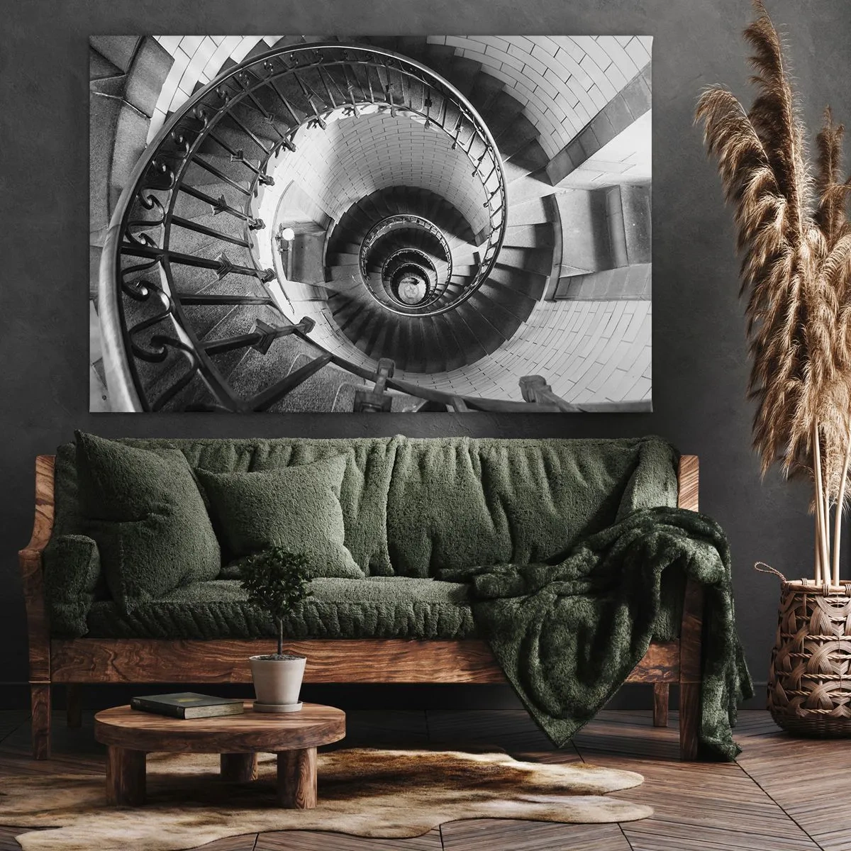 Bild auf Leinwand - Leinwandbild - Schwarz-Weiß-Fotografie einer Wendeltreppe aus der Vogelperspektive - 70x50cm - Höher und höher - Moderne Wanddekoration für Wohnzimmer und Schlafzimmer ARTTOR