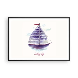 Poster in einem schwarzem Rahmen - Ein Aquarell eines Segelboots auf dem Wasser mit einer zarten Inschrift - 100x70cm - Volle Segel und ruhiges Wasser - Moderne Wanddekoration für Wohnzimmer und Schlafzimmer ARTTOR