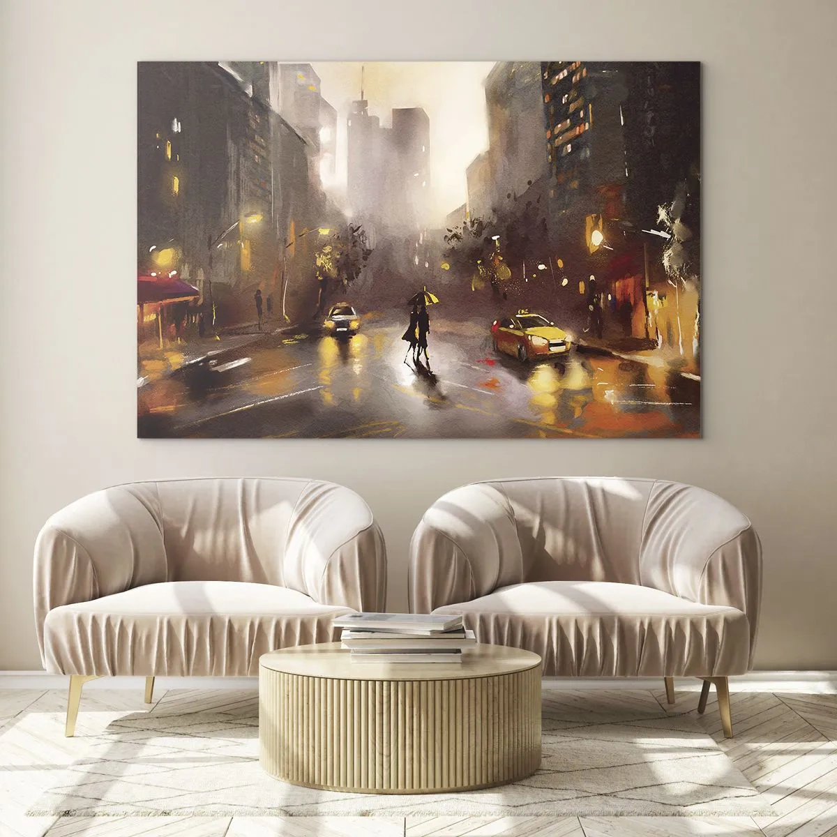 Glasbild - Bild auf glas - Stadt bei Nacht im Regen mit Taxis und der Silhouette eines Paares - 100x70cm - Im Licht von New York - Moderne Wanddekoration für Wohnzimmer und Schlafzimmer ARTTOR