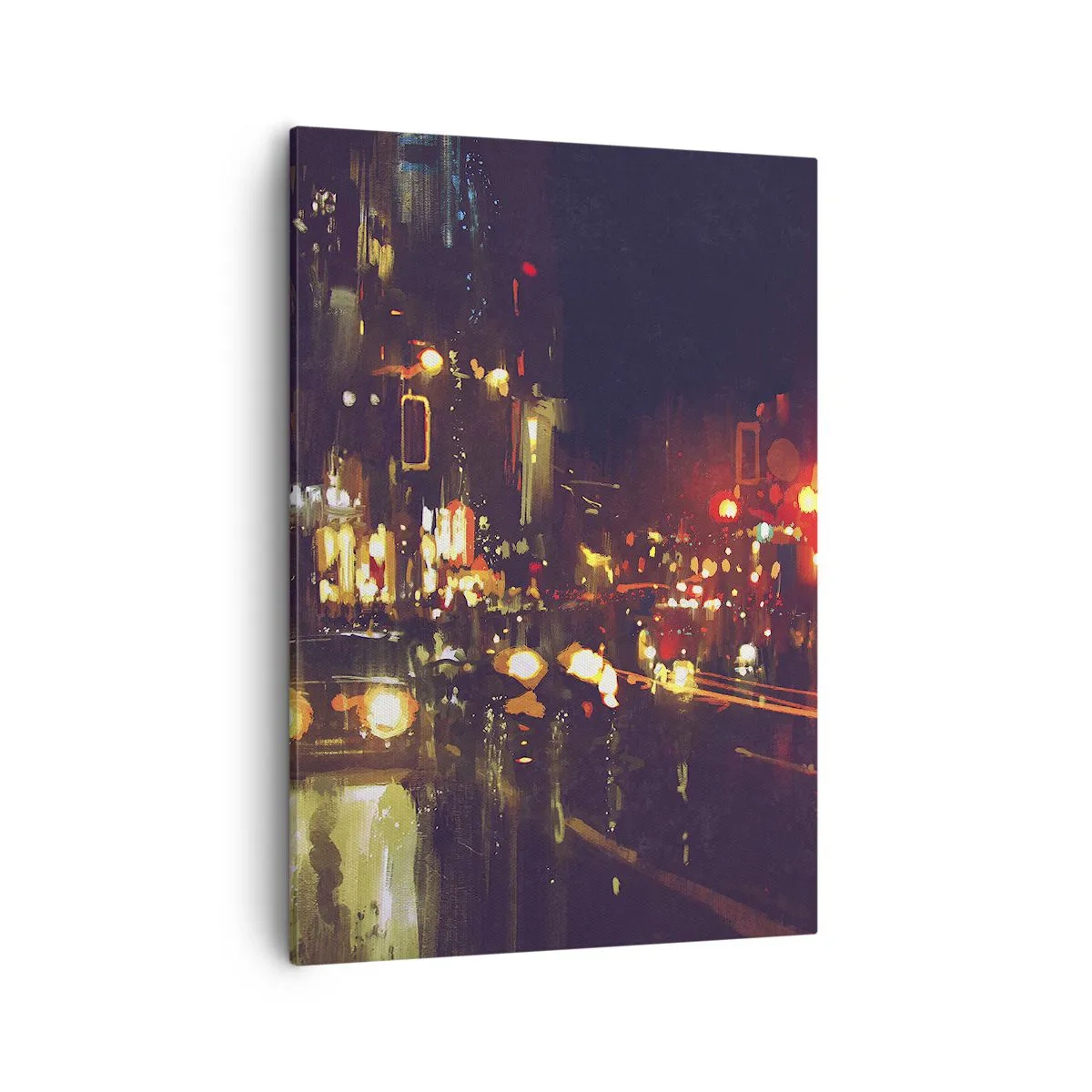 Bild auf Leinwand - Leinwandbild - Nachtszene in der Stadt mit bunten Lichtern und Straßenreflexionen - 50x70cm - Eingetaucht in die Lichter der Nacht - Moderne Wanddekoration für Wohnzimmer und Schlafzimmer ARTTOR
