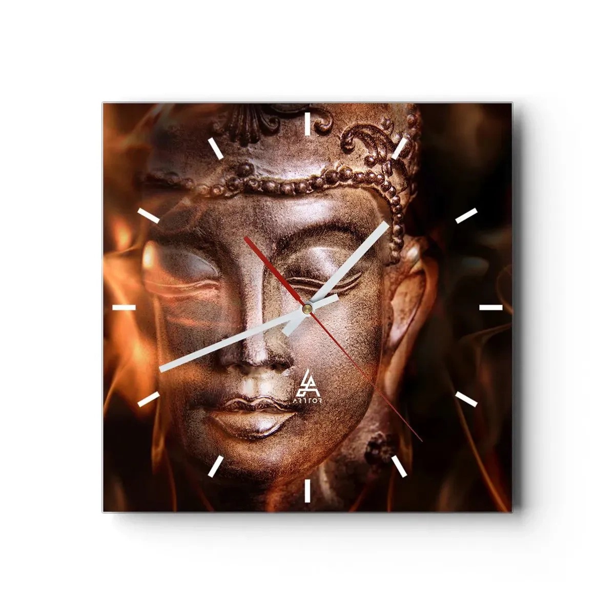 Wanduhr - Glasuhr - Eine Buddha-Statue inmitten von Flammen in goldenen Farbtönen - 30x30cm - Es existiert nur hier und jetzt - Moderne Wanddekoration für Wohnzimmer und Schlafzimmer ARTTOR