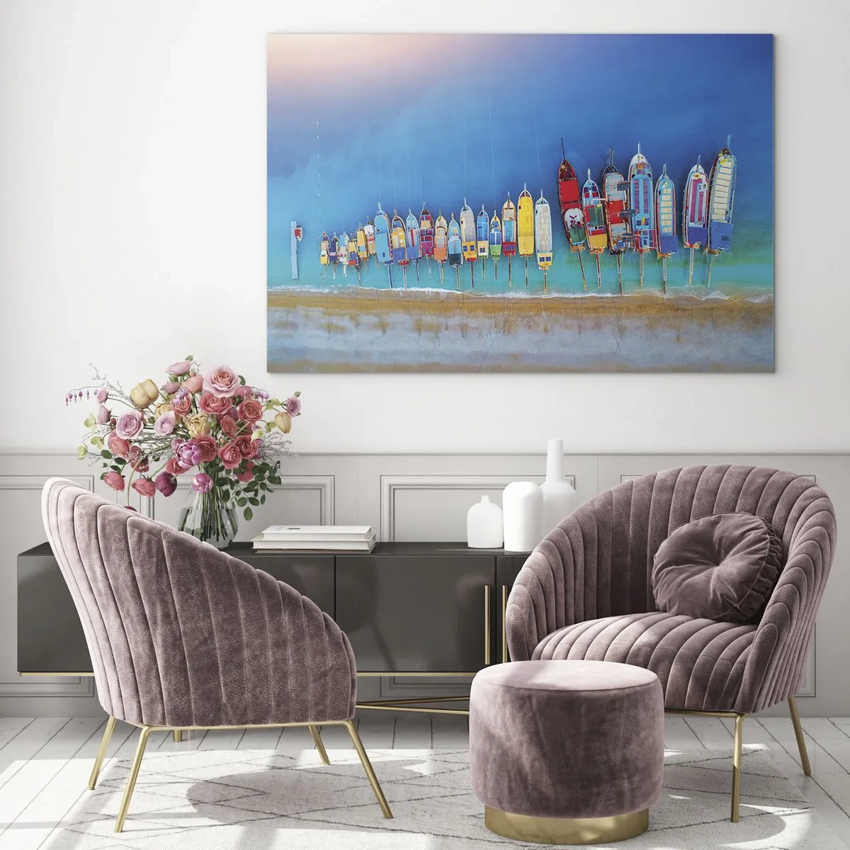 Glasbild - Bild auf glas - Bunte Boote am Ufer des türkisfarbenen Meeres - 70x50cm - Aus der Vogelperspektive - Moderne Wanddekoration für Wohnzimmer und Schlafzimmer ARTTOR