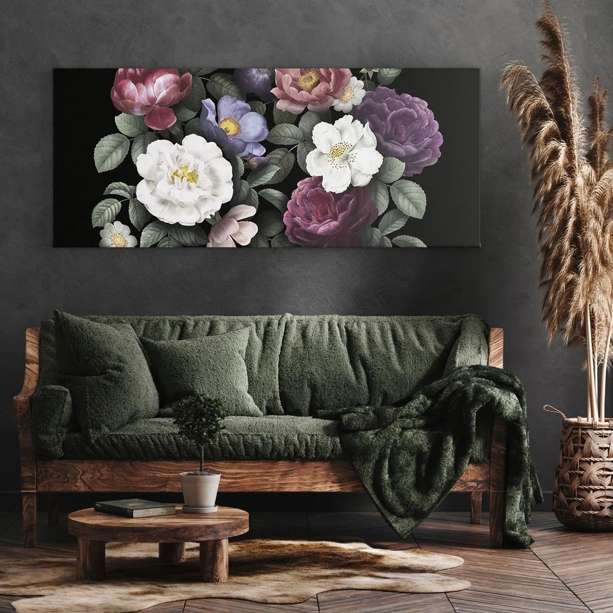 Bild auf Leinwand - Leinwandbild - Blumen in verschiedenen Farben auf schwarzem Hintergrund - 120x50cm - Aus dem Englischen Garten - Moderne Wanddekoration für Wohnzimmer und Schlafzimmer ARTTOR