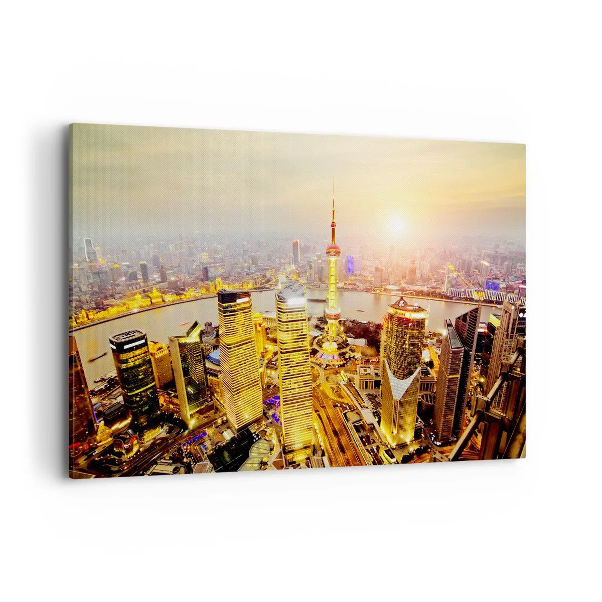 Bild auf Leinwand - Leinwandbild - Stadtpanorama mit Wolkenkratzern bei Sonnenuntergang - 120x80cm - Asiatischer Traum - Moderne Wanddekoration für Wohnzimmer und Schlafzimmer ARTTOR