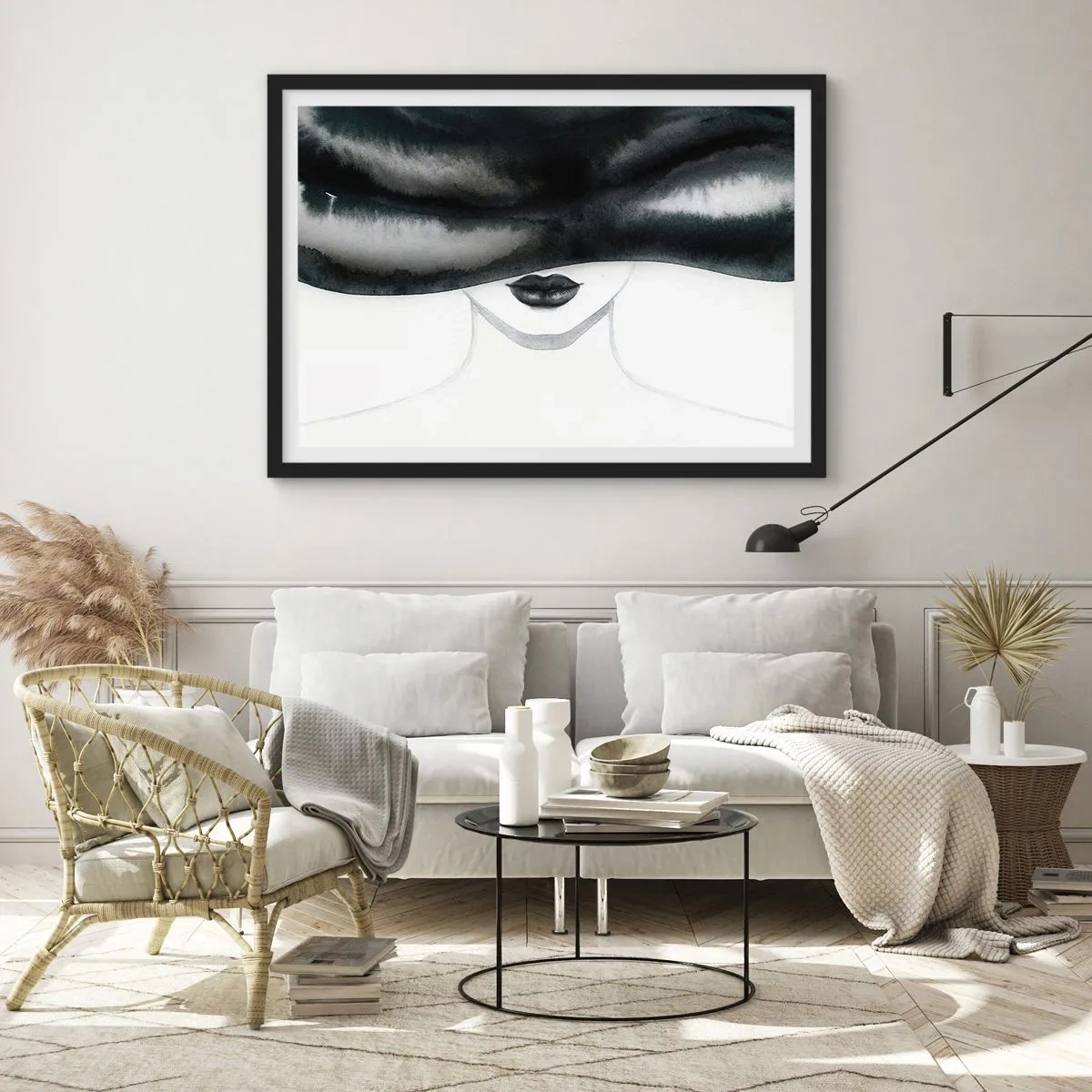 Poster in einem schwarzem Rahmen - Ein subtiles Porträt einer Frau, deren Gesicht in einem monochromen Stil bedeckt ist. - 70x50cm - Ein sinnliches Geheimnis - Moderne Wanddekoration für Wohnzimmer und Schlafzimmer ARTTOR