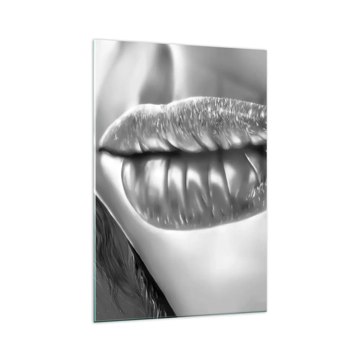 Glasbild - Bild auf glas - Schwarz-weiße Nahaufnahme der Lippen einer Frau mit Glanzeffekt und Details. - 70x100cm - Ich weiß, was du denkst… - Moderne Wanddekoration für Wohnzimmer und Schlafzimmer ARTTOR
