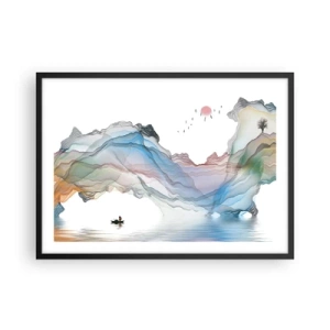 Poster in einem schwarzem Rahmen - Eine subtile Landschaft mit Bergen, Wasser und einem Boot - 70x50cm - Zu den Kristallbergen - Moderne Wanddekoration für Wohnzimmer und Schlafzimmer ARTTOR