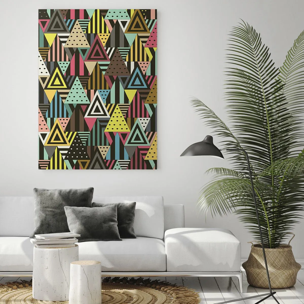 Glasbild - Bild auf glas - Eine abstrakte Komposition mit Dreiecken in intensiven Farben. - 50x70cm - Im Rhythmus auf drei - Moderne Wanddekoration für Wohnzimmer und Schlafzimmer ARTTOR