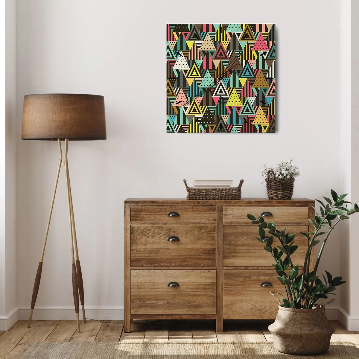 Wanduhr - Glasuhr - Buntes geometrisches Muster mit Dreiecken und Linien - 30x30cm - Im Rhythmus auf drei - Moderne Wanddekoration für Wohnzimmer und Schlafzimmer ARTTOR