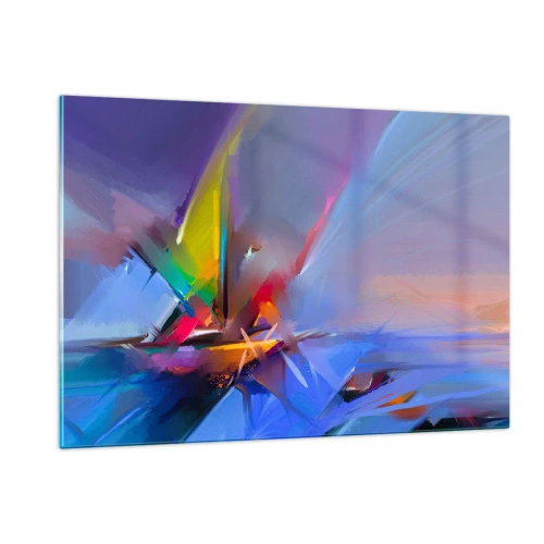 Glasbild - Bild auf glas - Abstrakte Propeller in leuchtenden Farben vor einem pastellfarbenen Himmel - 120x80cm - Propeller wie ein Vogel - Moderne Wanddekoration für Wohnzimmer und Schlafzimmer ARTTOR