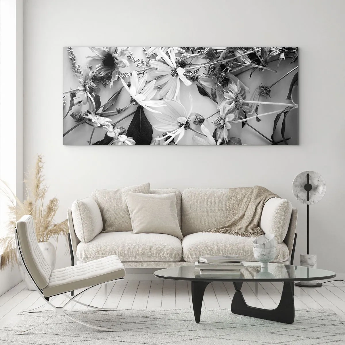 Glasbild - Bild auf glas - Schwarz-weiße Blumenarrangements in dezentem Kunststil - 140x50cm - Kein Blumenstrauß - Moderne Wanddekoration für Wohnzimmer und Schlafzimmer ARTTOR