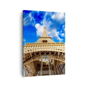 Bild auf Leinwand - Leinwandbild - Der Eiffelturm von unten vor blauem Himmel - 50x70cm - In den Himmel und in die Wolken gehen - Moderne Wanddekoration für Wohnzimmer und Schlafzimmer ARTTOR