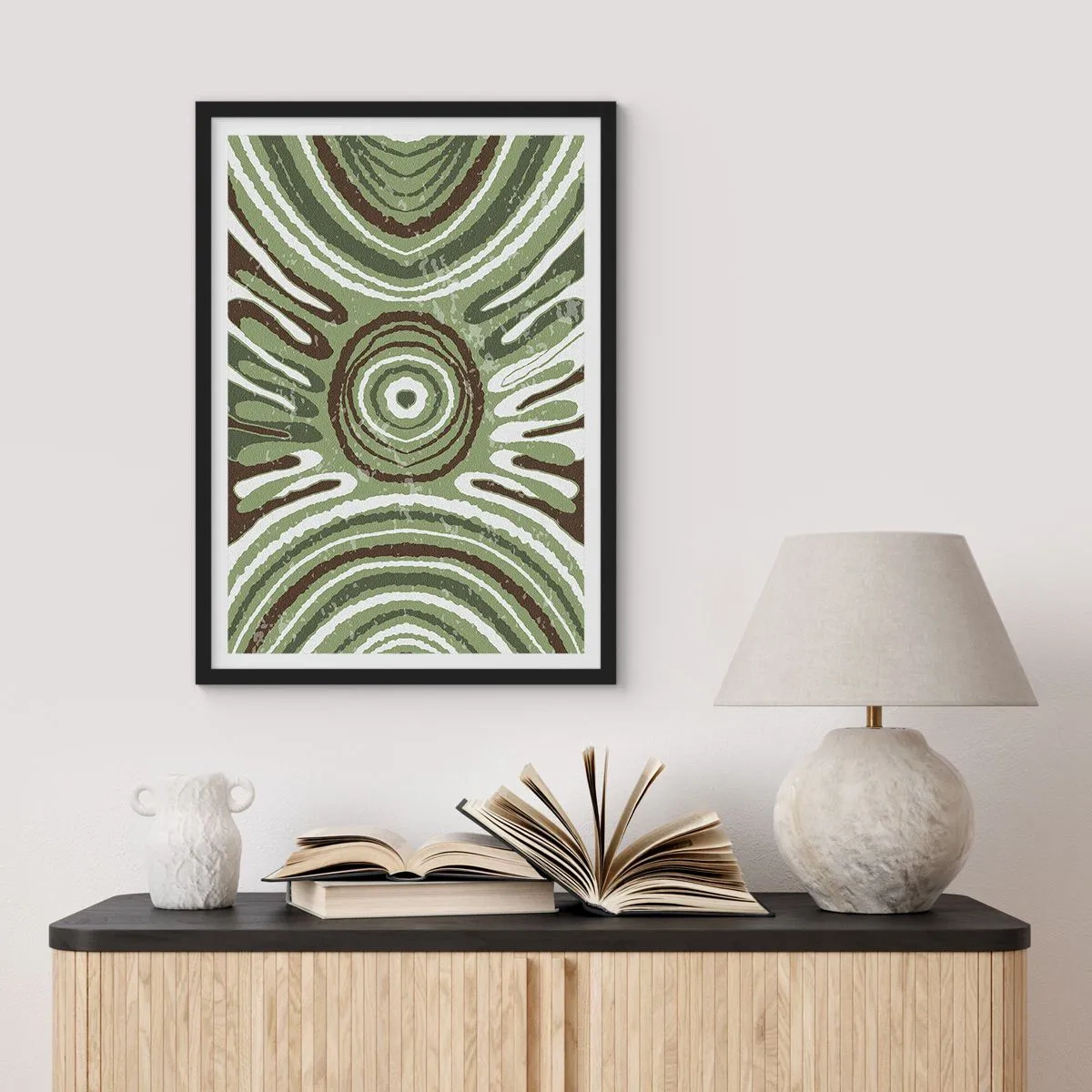 Poster in einem schwarzem Rahmen - Symmetrisches abstraktes Muster in Grüntönen - 50x70cm - Explosion von Emotionen - Moderne Wanddekoration für Wohnzimmer und Schlafzimmer ARTTOR