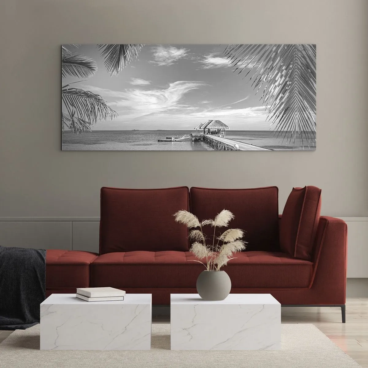 Glasbild - Bild auf glas - Schwarz-weißer Strand mit Pier und Palmen an einer tropischen Küste - 160x50cm - Erinnerung oder Traum? - Moderne Wanddekoration für Wohnzimmer und Schlafzimmer ARTTOR