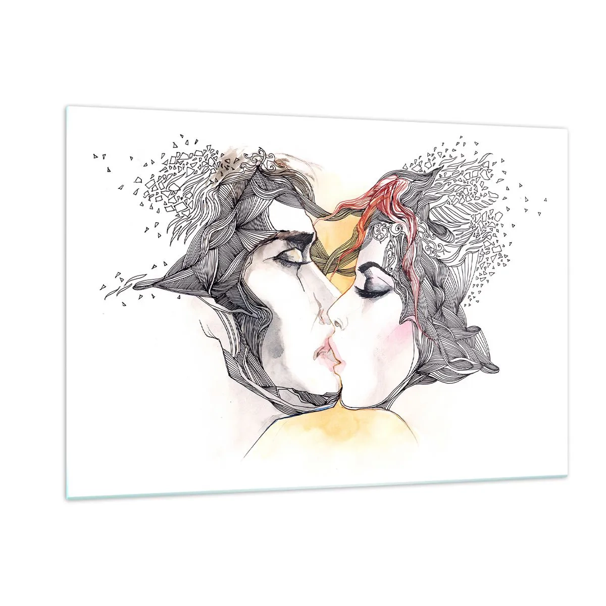 Glasbild - Bild auf glas - Abstraktes Paar küsst sich mit künstlerischen Mustern - 120x80cm - Die Welt existiert nicht - Moderne Wanddekoration für Wohnzimmer und Schlafzimmer ARTTOR