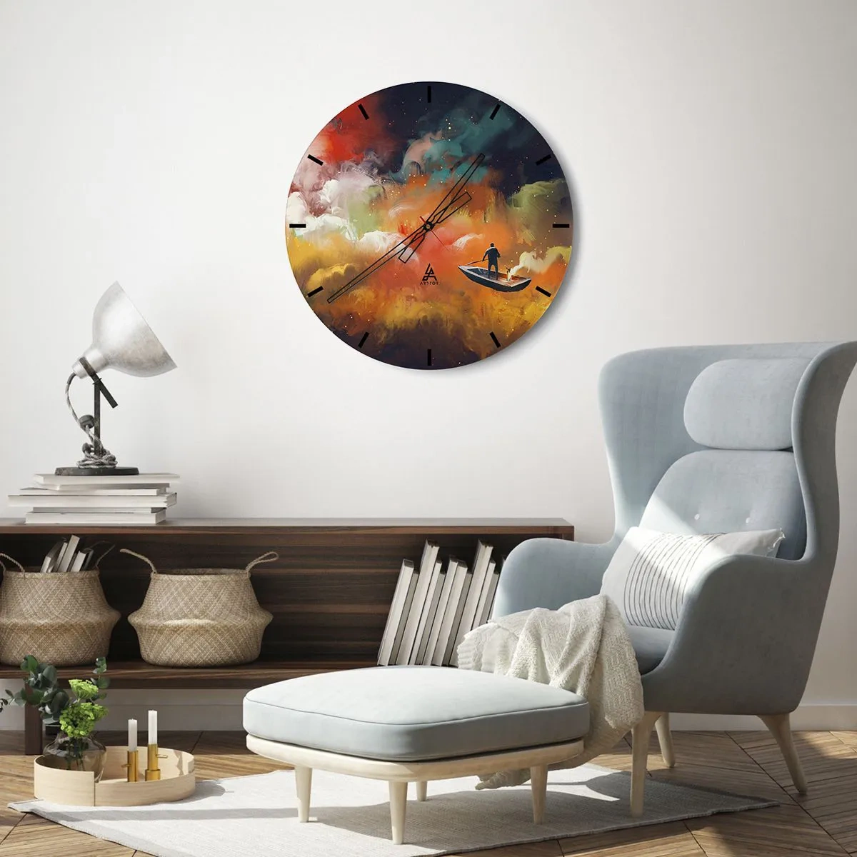 Wanduhr - Glasuhr - Eine Figur auf einem Boot in einer surrealen, farbenfrohen Landschaft - 30x30cm - Mit dem Boot durch die Galaxie - Moderne Wanddekoration für Wohnzimmer, Küche und Schlafzimmer ARTTOR