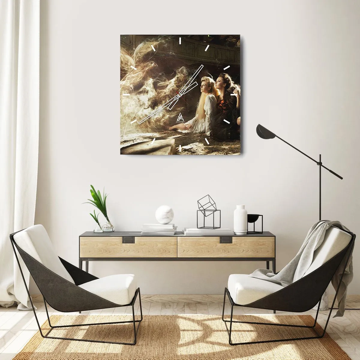 Wanduhr - Glasuhr - Zwei Frauen in einer magischen Umgebung mit ätherischen Lichteffekten. - 30x30cm - Und es gab Poesie - Moderne Wanddekoration für Wohnzimmer und Schlafzimmer ARTTOR