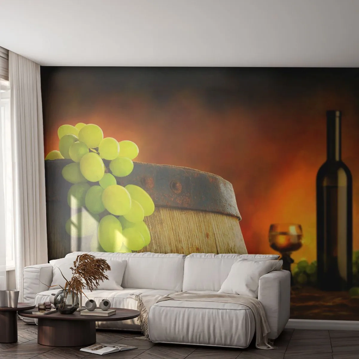 Fototapete Standard Eco - Stillleben mit einer Flasche Wein und einer Weintraube - Traube, Wein, Weinfass - 200x140 cm