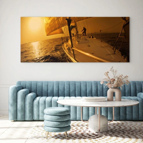 Glasbild - Bild auf glas - Segelboot auf See bei Sonnenuntergang, goldener Schein. - 160x50cm - Ein goldener Abend nach einem bunten Tag - Moderne Wanddekoration für Wohnzimmer und Schlafzimmer ARTTOR