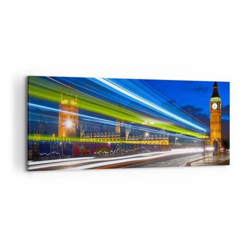 Bild auf Leinwand - Leinwandbild - Big Ben bei Nacht mit der Wirkung von Lichtern im Straßenverkehr - 120x50cm - Unter den wachsamen Augen von Big Ben - Moderne Wanddekoration für Wohnzimmer und Schlafzimmer ARTTOR
