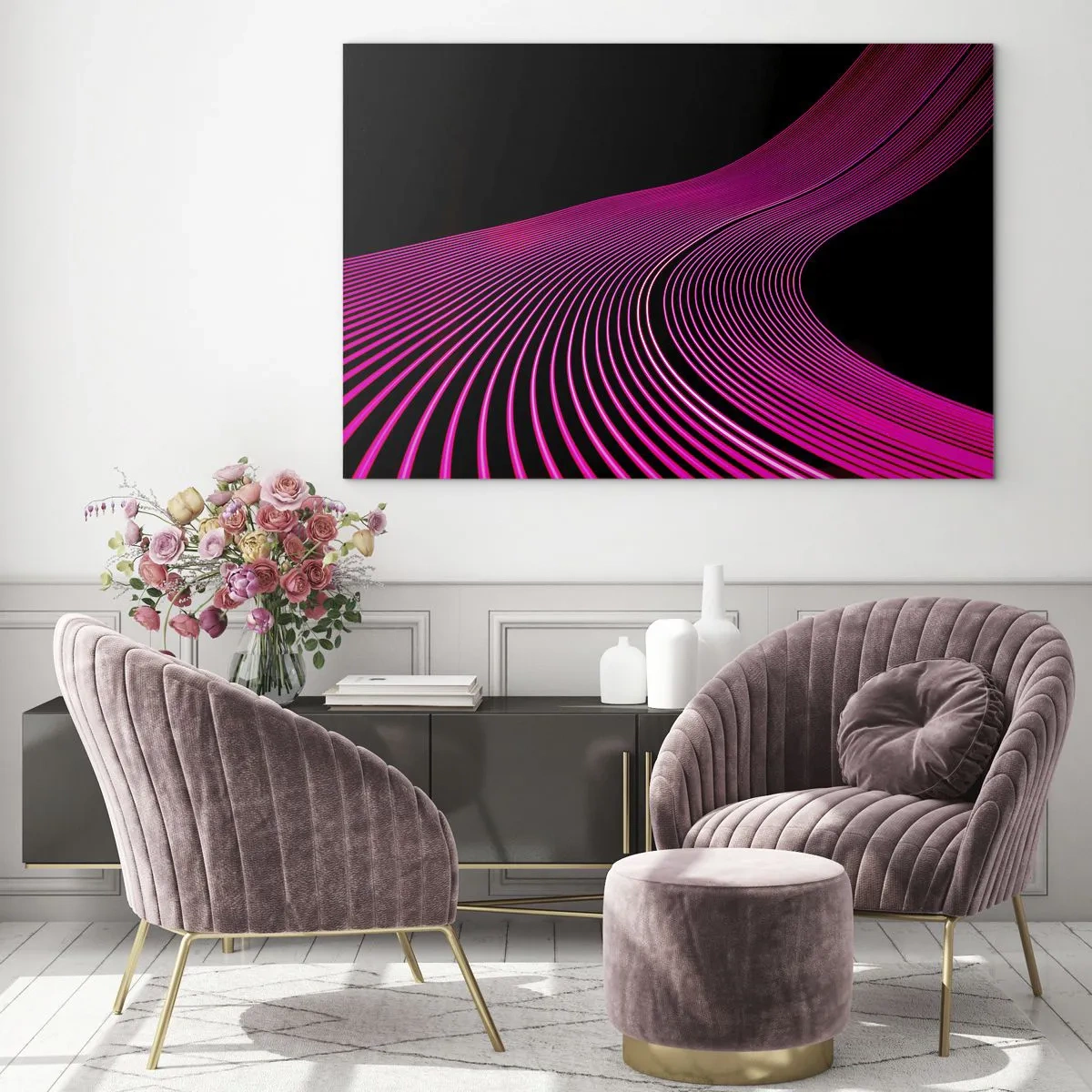 Glasbild - Bild auf glas - Rosa Lichtlinien auf schwarzem Hintergrund - 70x50cm - Allee des Lichts - Moderne Wanddekoration für Wohnzimmer und Schlafzimmer ARTTOR