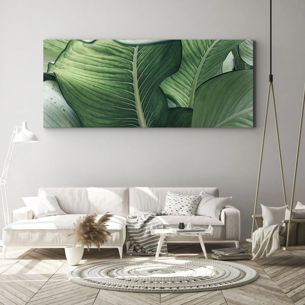 Bild auf Leinwand - Leinwandbild - Grüne Blätter mit ausdrucksstarken Details und Struktur - 140x50cm - Intensiv grünes Leben - Moderne Wanddekoration für Wohnzimmer und Schlafzimmer ARTTOR