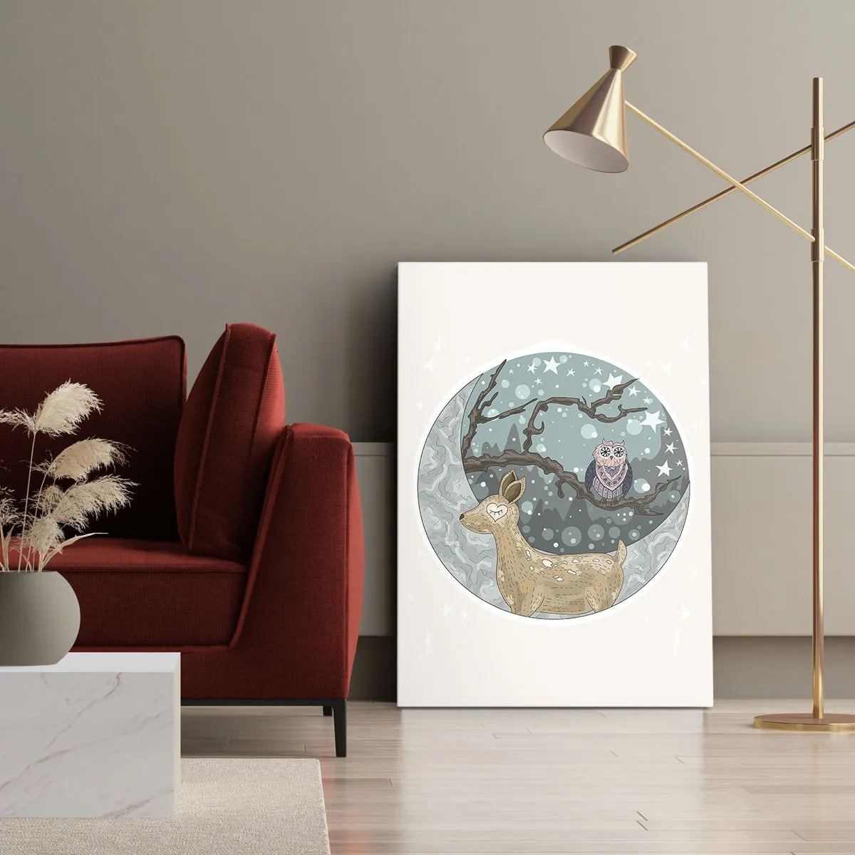 Bild auf Leinwand - Leinwandbild - Ein Reh und eine Eule in einer märchenhaften Nachtlandschaft - 80x120cm - Eine märchenhafte Waldnacht - Moderne Wanddekoration für Wohnzimmer und Schlafzimmer ARTTOR