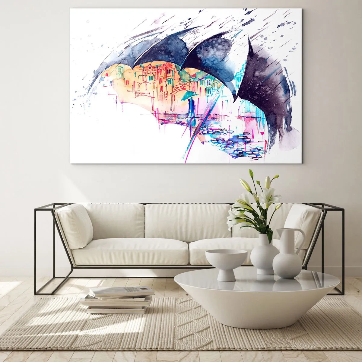 Glasbild - Bild auf glas - Eine bunte Stadt im Hintergrund unter einem schwarzen Regenschirm - 100x70cm - Im Regen spazieren gehen - Moderne Wanddekoration für Wohnzimmer und Schlafzimmer ARTTOR