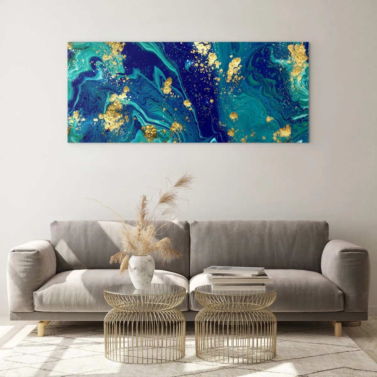 Glasbild - Bild auf glas - Eine abstrakte Komposition mit blauen, grünen und goldenen Akzenten. - 120x50cm - Die Blütenblätter der Sonne - Moderne Wanddekoration für Wohnzimmer und Schlafzimmer ARTTOR