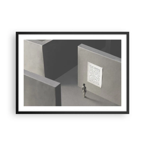 Poster in einem schwarzem Rahmen - Eine Figur in einem Labyrinth, die auf eine hängende Karte schaut - 70x50cm - Aber wo bin ich? - Moderne Wanddekoration für Wohnzimmer und Schlafzimmer ARTTOR