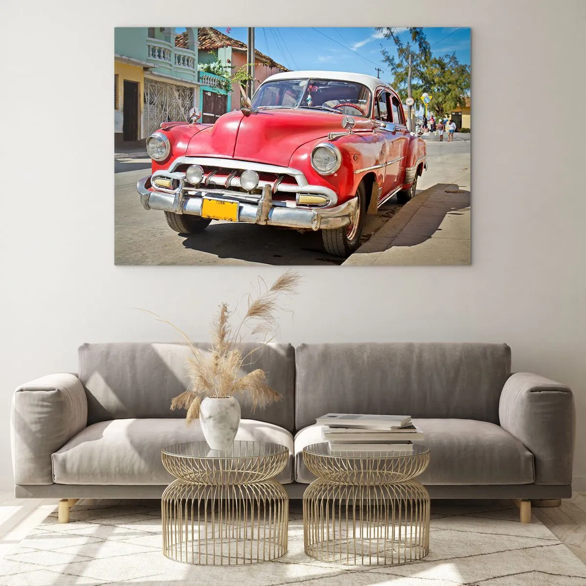 Glasbild - Bild auf glas - Roter Oldtimer auf einer Stadtstraße - 70x50cm - Nur in Kuba - Moderne Wanddekoration für Wohnzimmer und Schlafzimmer ARTTOR