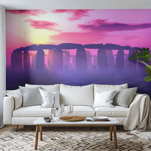 Selbstklebende Fototapete Deluxe Sticker - Geheimnis im Morgengrauen im Nebel - Die Architektur, Stonehenge, Steinkreise - 100x70 cm