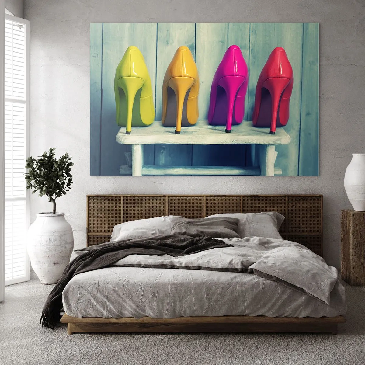 Glasbild - Bild auf glas - Vier bunte Stecknadeln auf einer Holzbank angeordnet - 100x70cm - Spazierengehen auf dem Regenbogen - Moderne Wanddekoration für Wohnzimmer und Schlafzimmer ARTTOR