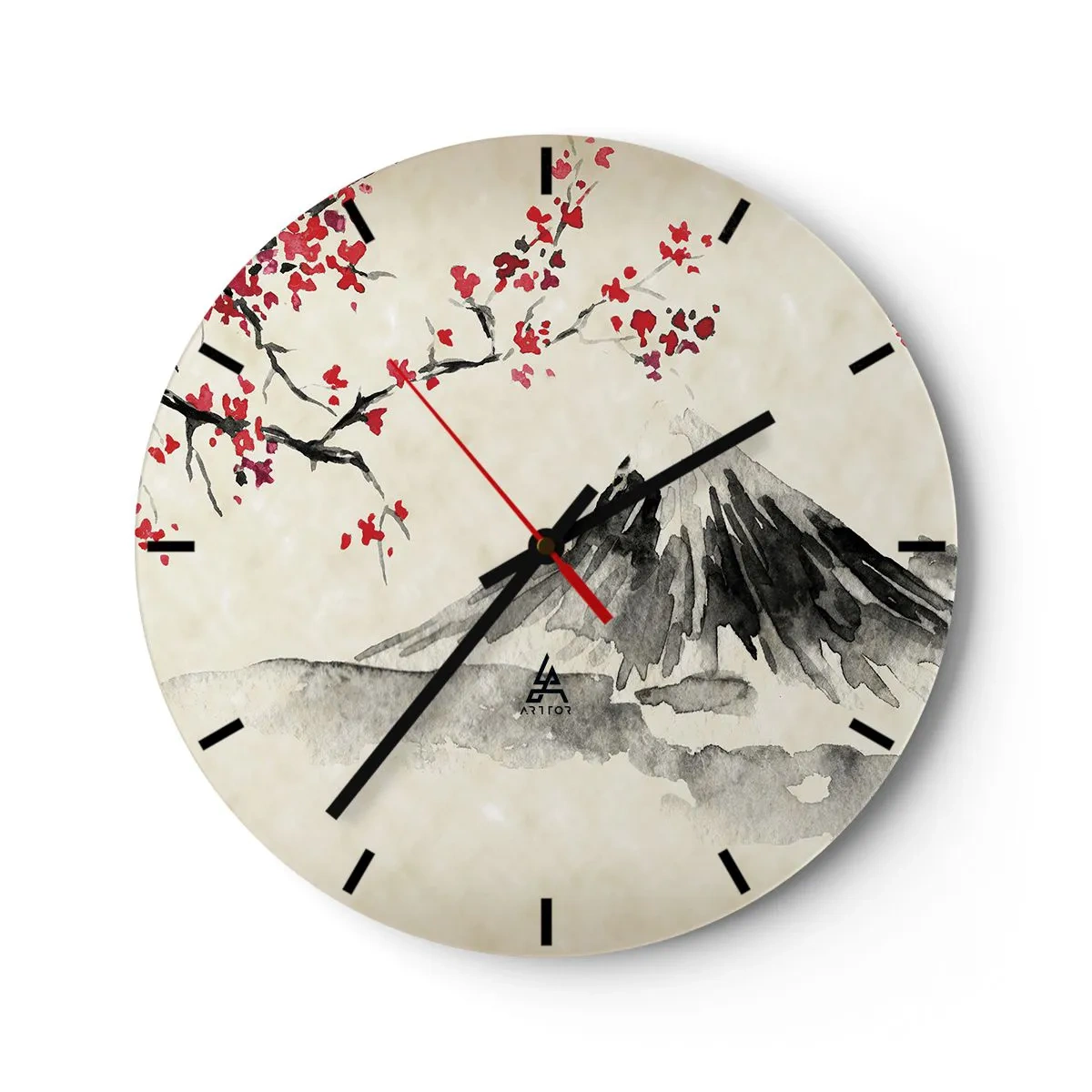 Wanduhr - Glasuhr - Traditionelle japanische Aquarellmalerei eines Berges und Kirschblüten - 30x30cm - Liebe Japan - Moderne Wanddekoration für Wohnzimmer, Küche und Schlafzimmer ARTTOR