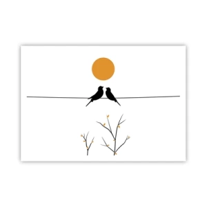 Poster - Vögel auf einer Linie mit einer gelben Sonne - 100x70cm - Abend der Nachtigallen - Moderne Wanddekoration für Wohnzimmer und Schlafzimmer ARTTOR