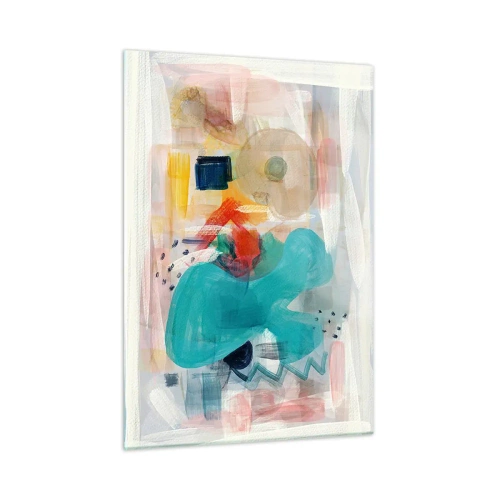 Glasbild - Bild auf glas - Eine farbenfrohe Abstraktion mit Spritzern in Türkis, Rot und Beige. - 50x70cm - Buntes Spiel - Moderne Wanddekoration für Wohnzimmer und Schlafzimmer ARTTOR