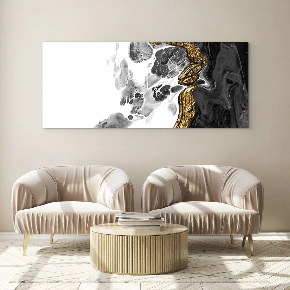 Glasbild - Bild auf glas - Eine abstrakte Komposition mit Akzenten in Gold und Schwarz. - 160x50cm - Organische Komposition - Moderne Wanddekoration für Wohnzimmer und Schlafzimmer ARTTOR