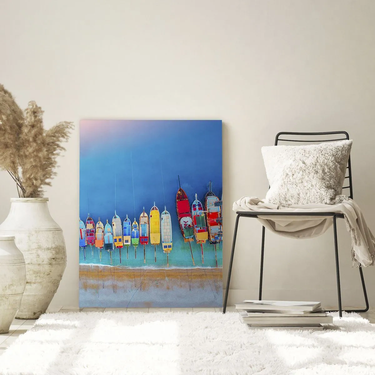 Glasbild - Bild auf glas - Bunte Boote in einer Reihe am Ufer aufgereiht - 80x120cm - Aus der Vogelperspektive - Moderne Wanddekoration für Wohnzimmer und Schlafzimmer ARTTOR