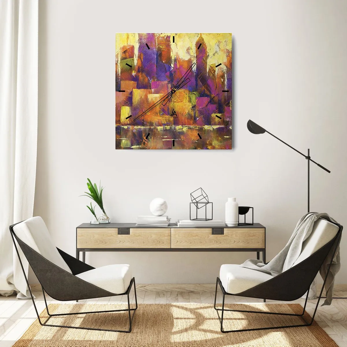Wanduhr - Glasuhr - Abstrakte Komposition einer Metropole in Gelb- und Lilatönen - 30x30cm - Metropolitische Komposition - Moderne Wanddekoration für Wohnzimmer und Schlafzimmer ARTTOR