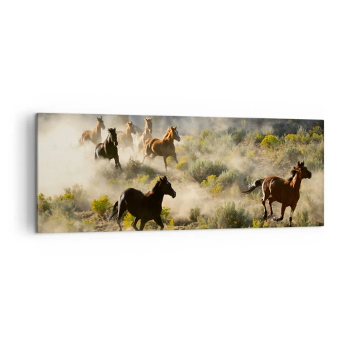 Bild auf Leinwand - Leinwandbild - Eine Herde wilder Pferde galoppiert durch Staub und Vegetation - 140x50cm - Rivalität – Freiheit oder männliche Stärke? - Moderne Wanddekoration für Wohnzimmer und Schlafzimmer ARTTOR