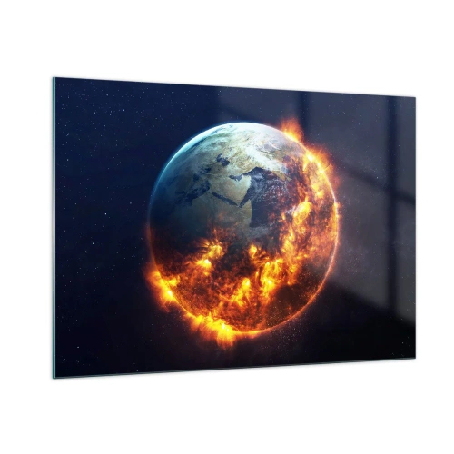Glasbild - Bild auf glas - Erde im Weltraum von Flammen umgeben - 100x70cm - Die Flamme der Apokalypse - Moderne Wanddekoration für Wohnzimmer und Schlafzimmer ARTTOR