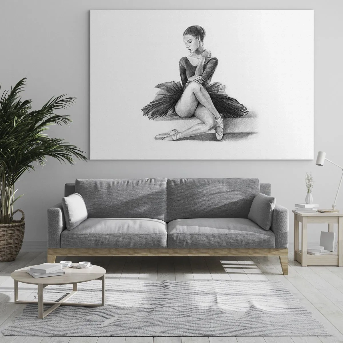 Glasbild - Bild auf glas - Skizze einer Ballerina im schwarzen Kleid in nachdenklicher Pose - 70x50cm - Vom Tanz verzaubert - Moderne Wanddekoration für Wohnzimmer und Schlafzimmer ARTTOR