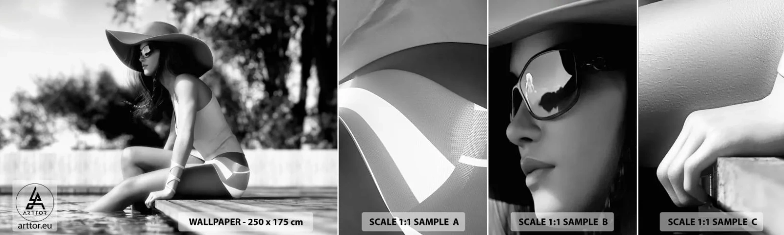 Fototapetenmuster Standard Eco - Sommertraum - Frau, Hut, Schwimmbad - 100x30 cm