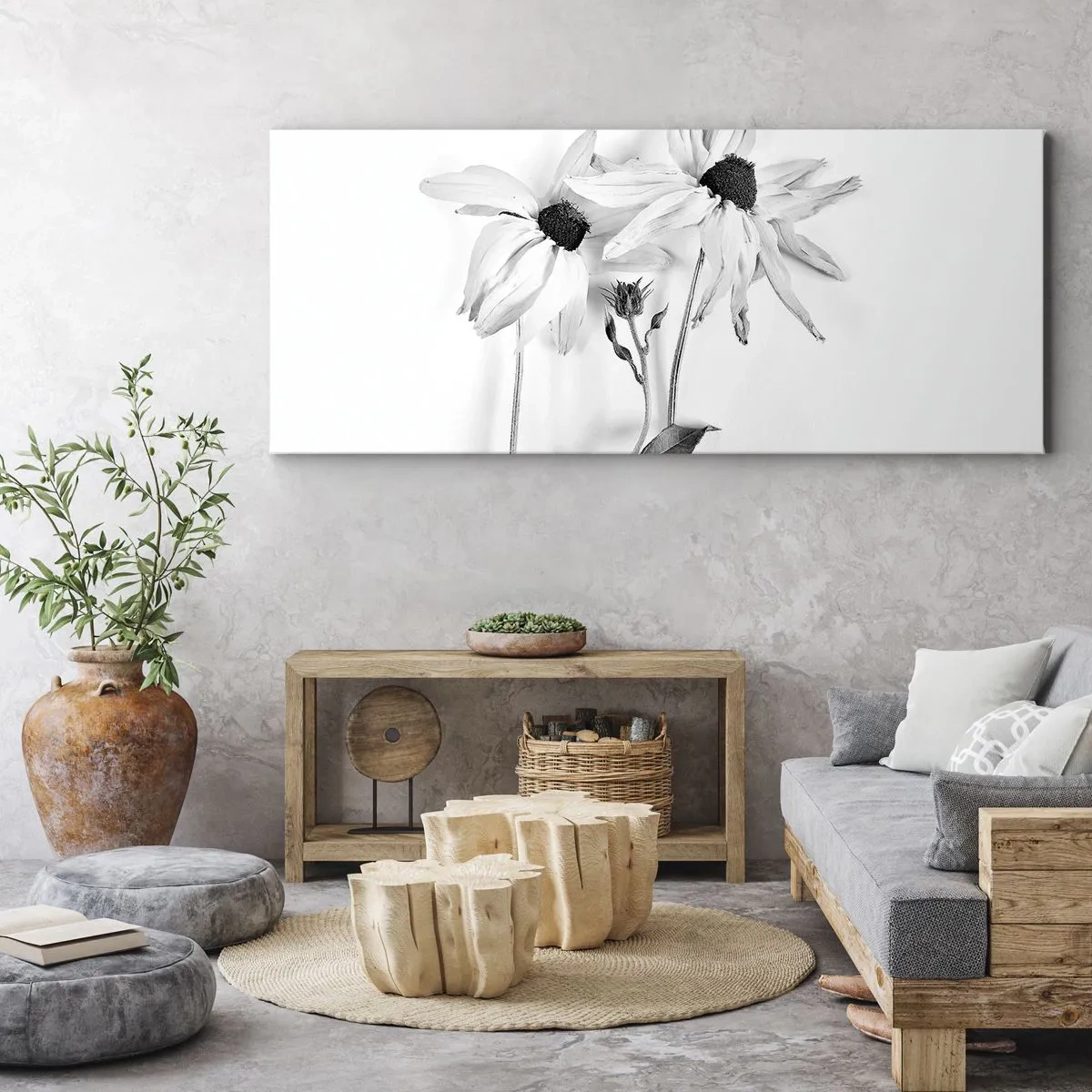 Bild auf Leinwand - Leinwandbild - Schwarz-weiße Blumen mit subtiler Komposition - 160x50cm - Niemand will allein sein - Moderne Wanddekoration für Wohnzimmer und Schlafzimmer ARTTOR