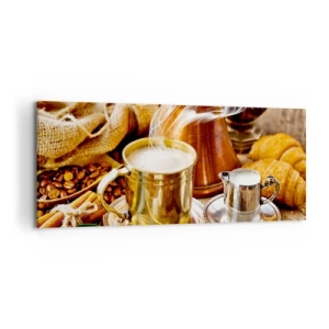 Bild auf Leinwand - Leinwandbild - Eine goldene Tasse Kaffee, umgeben von Bohnen, Krügen und Croissants - 120x50cm - Schönen Tag noch! - Moderne Wanddekoration für Wohnzimmer und Schlafzimmer ARTTOR