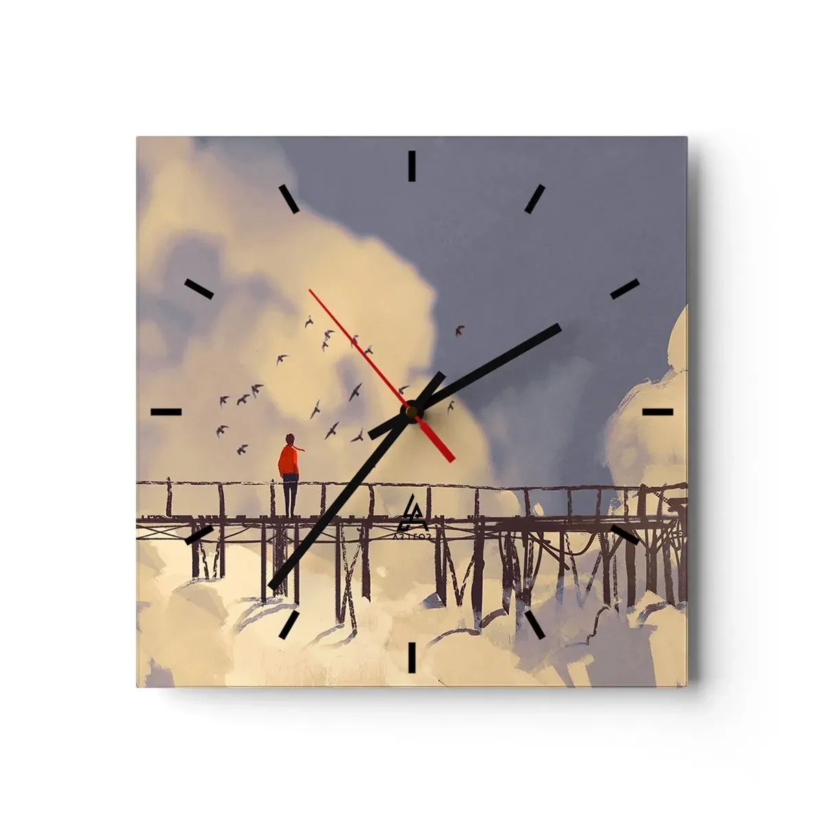 Wanduhr - Glasuhr - Eine Figur auf einer Brücke zwischen Wolken mit Vögeln am Himmel - 30x30cm - Blaue Sehnsucht - Moderne Wanddekoration für Wohnzimmer und Schlafzimmer ARTTOR