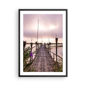 Poster in einem schwarzem Rahmen - Bambusbrücke über ruhiges Wasser in der Abenddämmerung - 50x70cm - Frieden und Ruhe Asiens - Moderne Wanddekoration für Wohnzimmer und Schlafzimmer ARTTOR