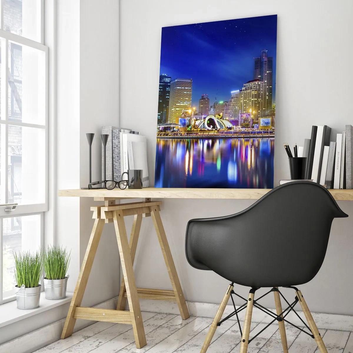 Glasbild - Bild auf glas - Panorama der Stadt bei Nacht mit den im Wasser reflektierten Lichtern - 50x70cm - Metropolis bei Regenbogennacht - Moderne Wanddekoration für Wohnzimmer und Schlafzimmer ARTTOR