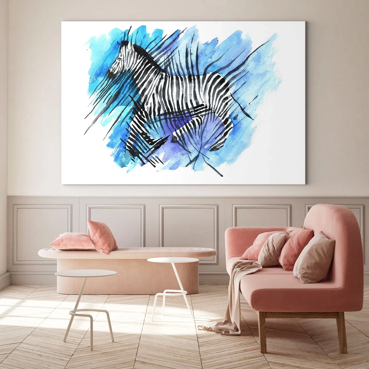 Glasbild - Bild auf glas - Ein Zebra in einer künstlerischen Aquarellkomposition vor blauem Hintergrund - 70x50cm - In Streifen versteckt - Moderne Wanddekoration für Wohnzimmer und Schlafzimmer ARTTOR